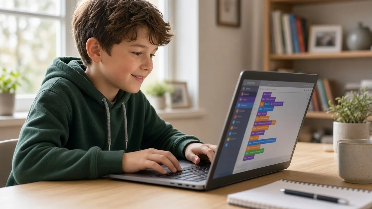 Canadian elementary student learning visual coding on a laptop at home
