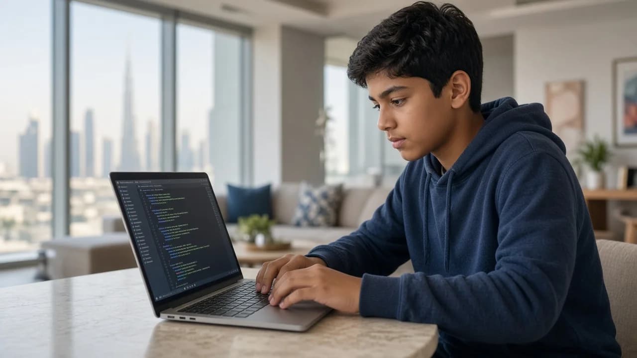 UAE middle school student coding Python on a laptop