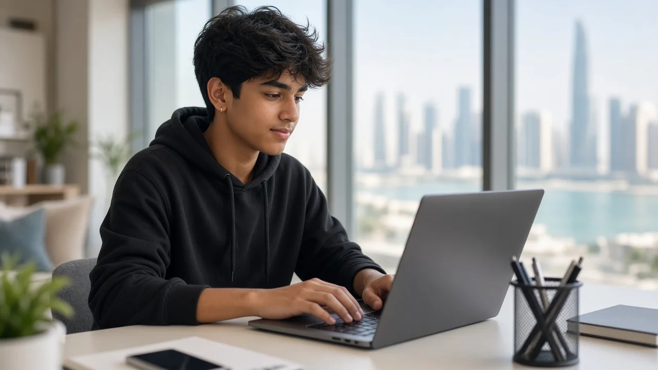 UAE teen building an advanced coding project on a laptop