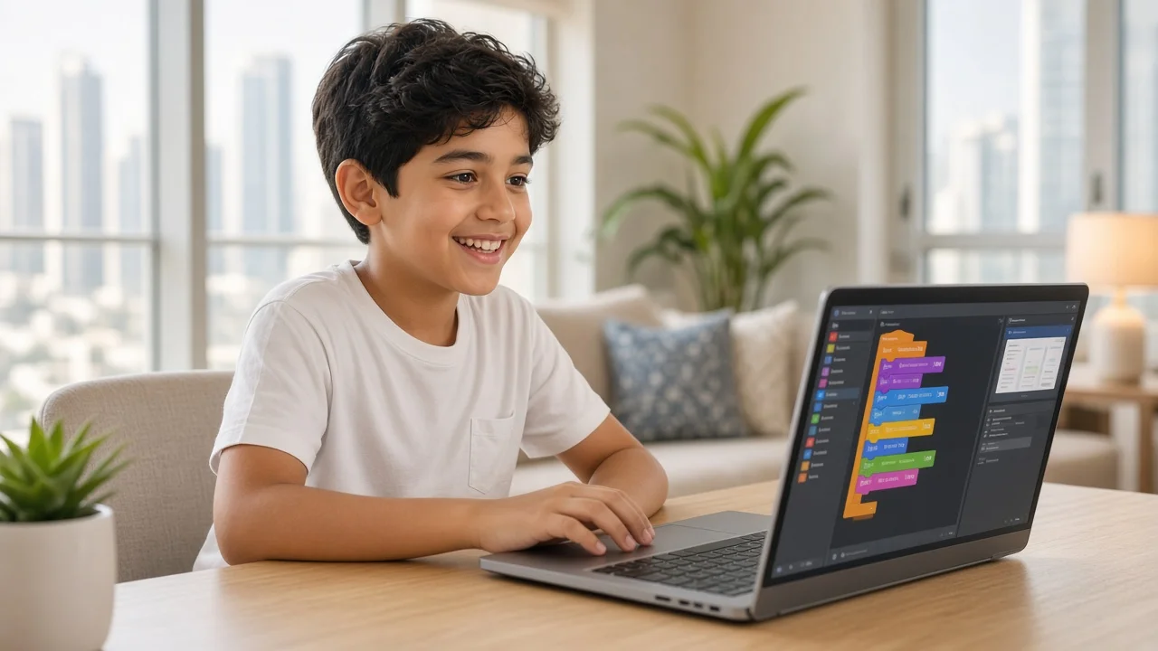Young UAE student learning visual coding on a laptop at home
