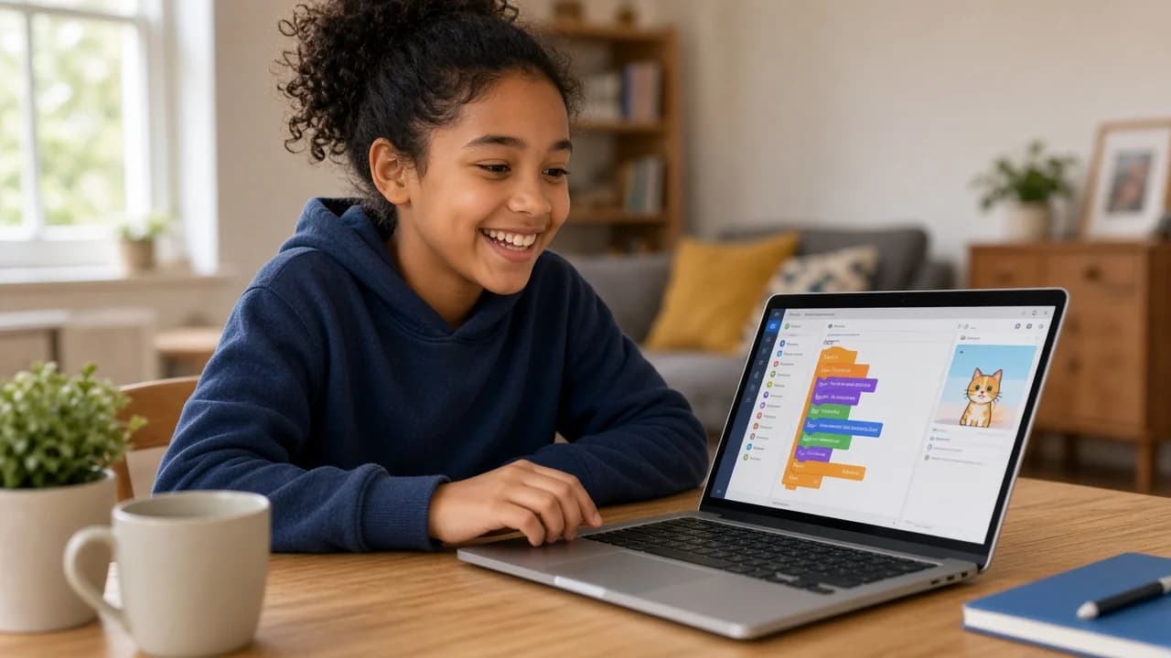 UK Key Stage 2 student learning visual coding on a laptop at home