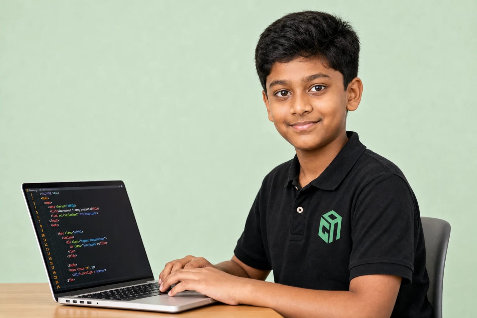 GeekashramJr student in black Geekashram polo learning web development with HTML, CSS, and JavaScript