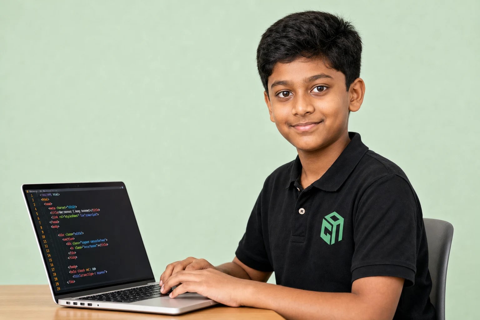 GeekashramJr student in black Geekashram polo learning web development with HTML, CSS, and JavaScript