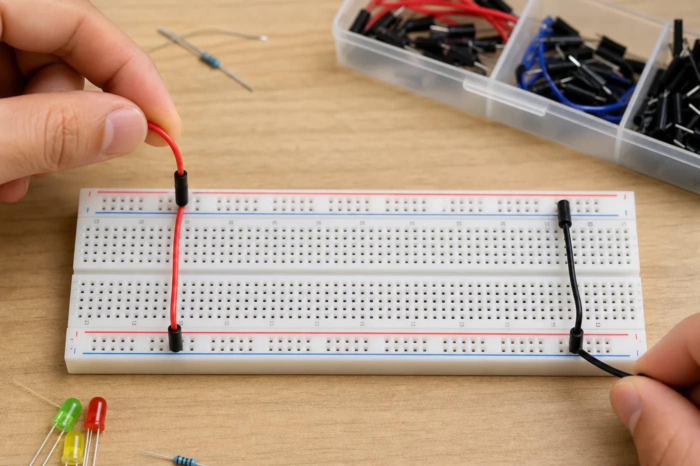 Jumper wires connecting breadboard power rails for a beginner circuit Jumper wires connecting breadboard power rails for a beginner circuit