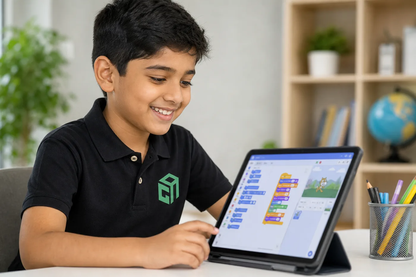 8-year-old GeekashramJr student in black Geekashram polo learning block coding on a tablet 8-year-old GeekashramJr student in black Geekashram polo learning block coding on a tablet