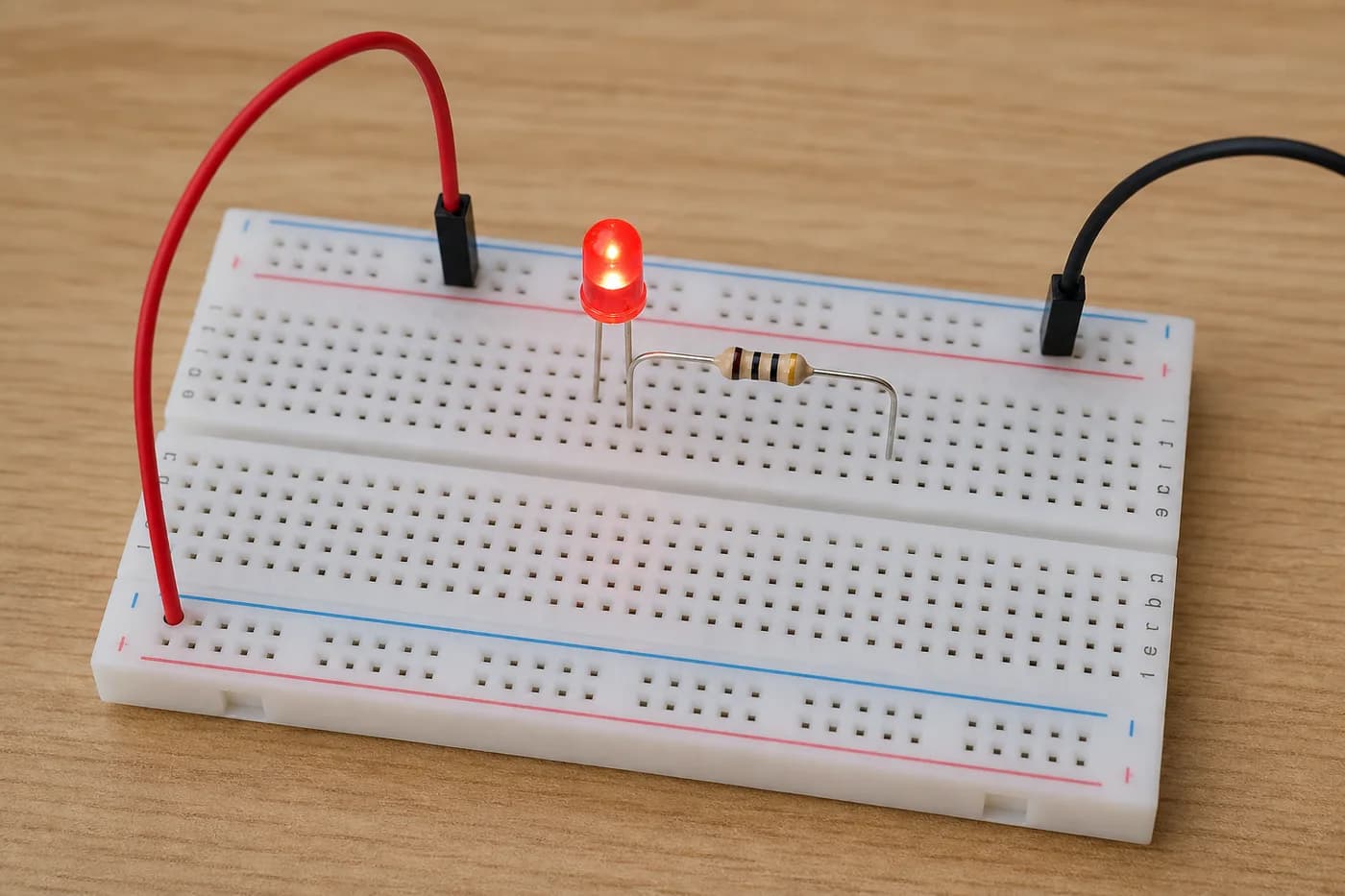 Lit LED circuit on a breadboard with resistor for beginners Lit LED circuit on a breadboard with resistor for beginners