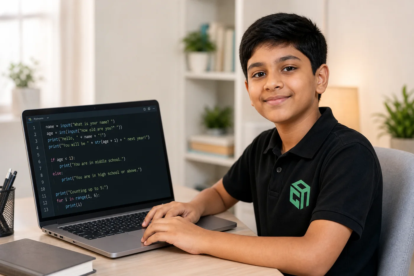 GeekashramJr student in black Geekashram polo learning Python projects with correctly oriented code on a laptop GeekashramJr student in black Geekashram polo learning Python projects with correctly oriented code on a laptop