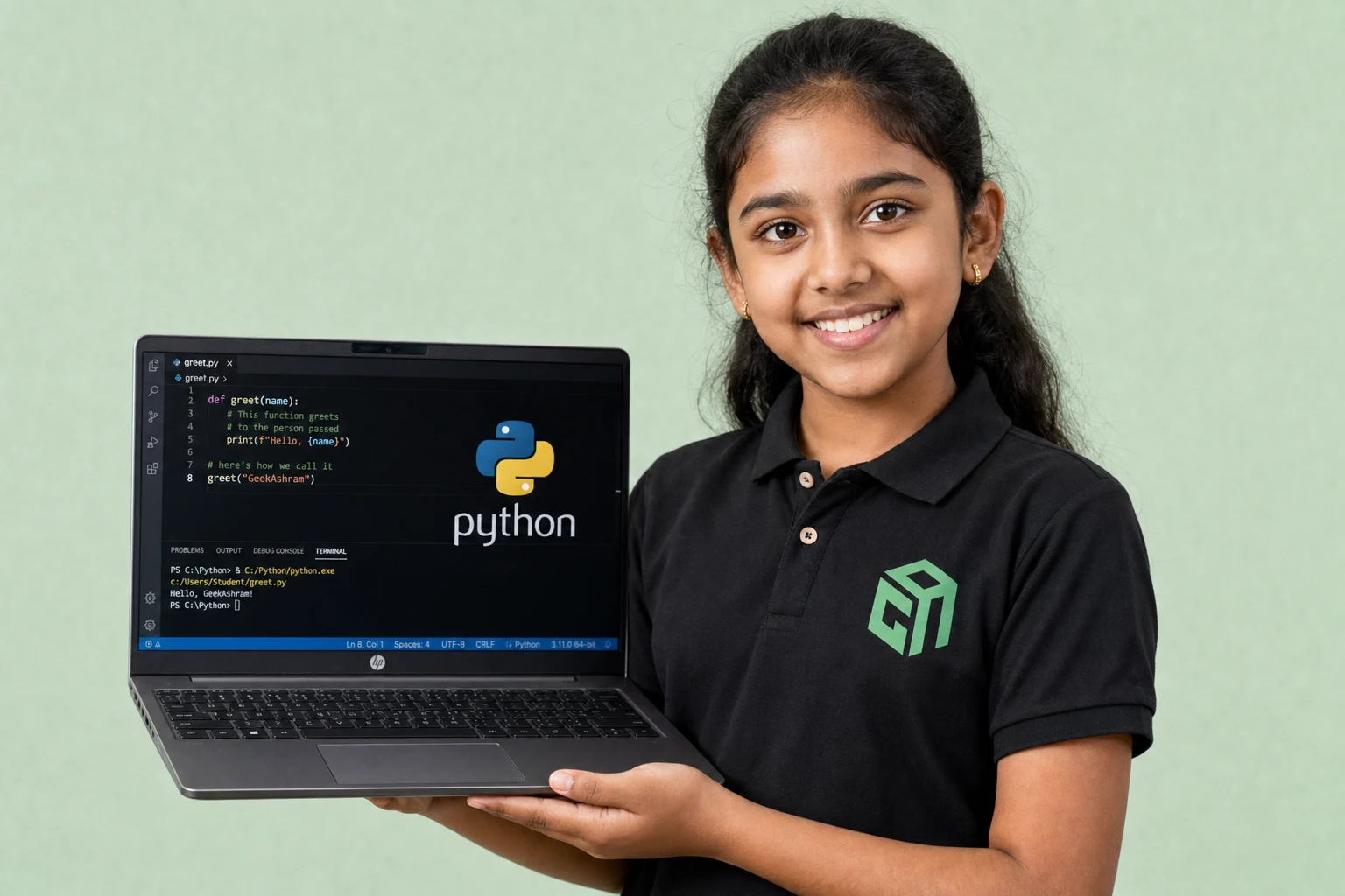 GeekashramJr student in black Geekashram polo learning Python programming and artificial intelligence GeekashramJr student in black Geekashram polo learning Python programming and artificial intelligence