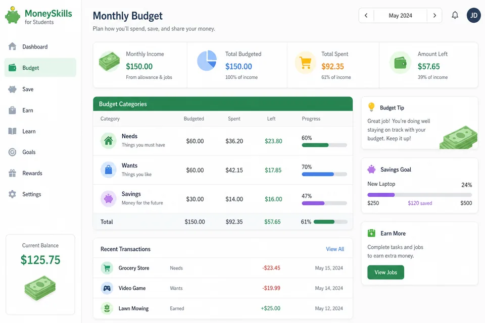 Student financial literacy budgeting workbook screenshot Student financial literacy budgeting workbook screenshot